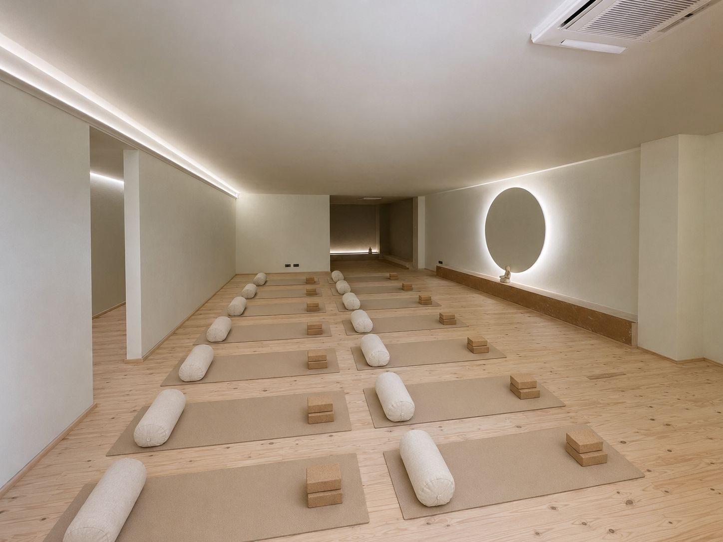 The MyZen practice room: mats and bolsters laid out on a pale wood floor, a backlit circular light on the far wall