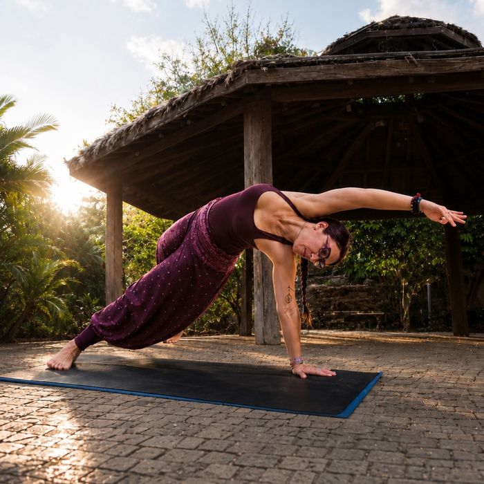 Desirée in a side plank on a mat under a wooden gazebo at sunset